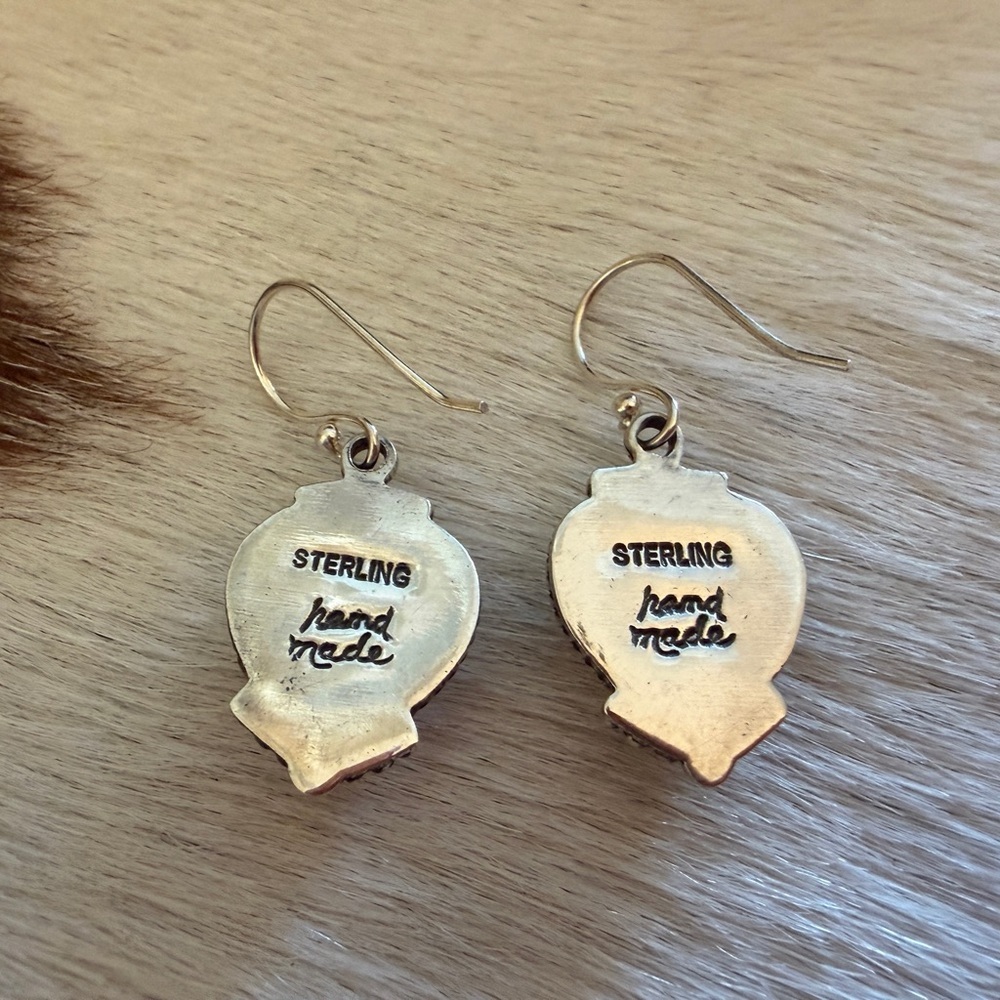 ❤️ Queen Pink Conch Navajo Style Heart Dangle Earrings Sterling Silver 7.7 Grams - Picture 5 of 11